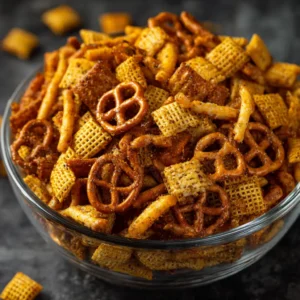 Million Dollar Snack Mix: The Only Recipe You'll Ever Need 3 A close-up shot of the savory party mix, highlighting the texture of the coated Chex cereal and nuts.