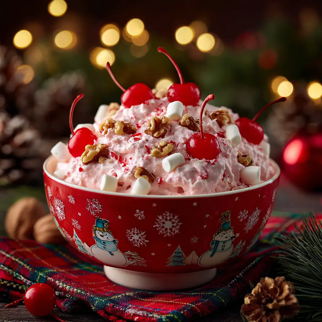 Christmas Cherry Fluff: The Easiest Holiday Dessert 1 A scoop of no-bake cherry dessert being served from a large bowl, highlighting its light and airy consistency.