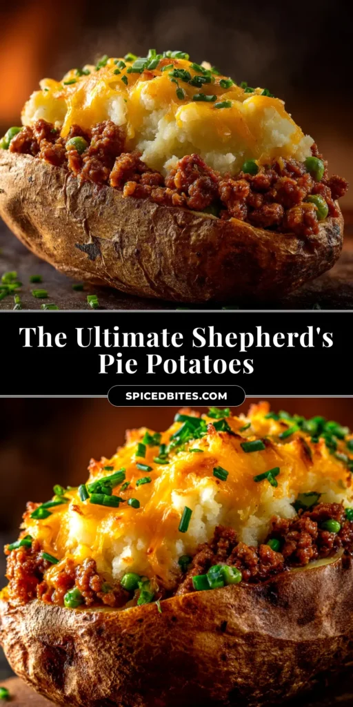 Shepherd’s Pie Baked Potatoes: The Ultimate Comfort Food Mashup 3 An overhead shot of four Shepherd's Pie Baked Potatoes on a rustic baking sheet, topped with golden-brown melted cheddar cheese and ready to serve.