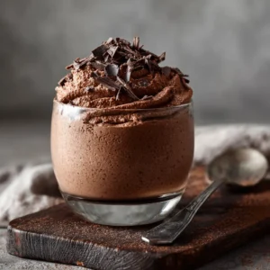 2-Ingredient Mousse (The Easiest, Creamiest Chocolate Dessert) 2 A decadent chocolate mousse in a clear glass, garnished with a single raspberry and chocolate shavings, showcasing this simple mousse recipe.
