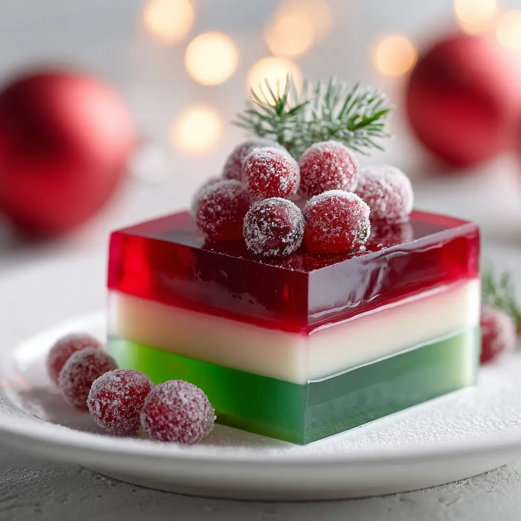 Layered Christmas Jello: The Perfect Festive Recipe 1 A beautiful square slice of the festive ribbon jello salad served on a small dessert plate, ready to be enjoyed at a holiday gathering.