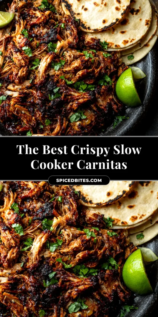 A close-up overhead shot of crispy Slow Cooker Pork Carnitas on a wooden board, ready to be served in tacos.