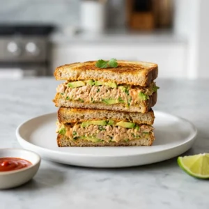 The Ultimate Spicy Tuna Avocado Sandwich (Quick & Easy Recipe) 4 A close up of a spicy tuna avocado sandwich cut in half, showing the creamy filling, on a white plate.