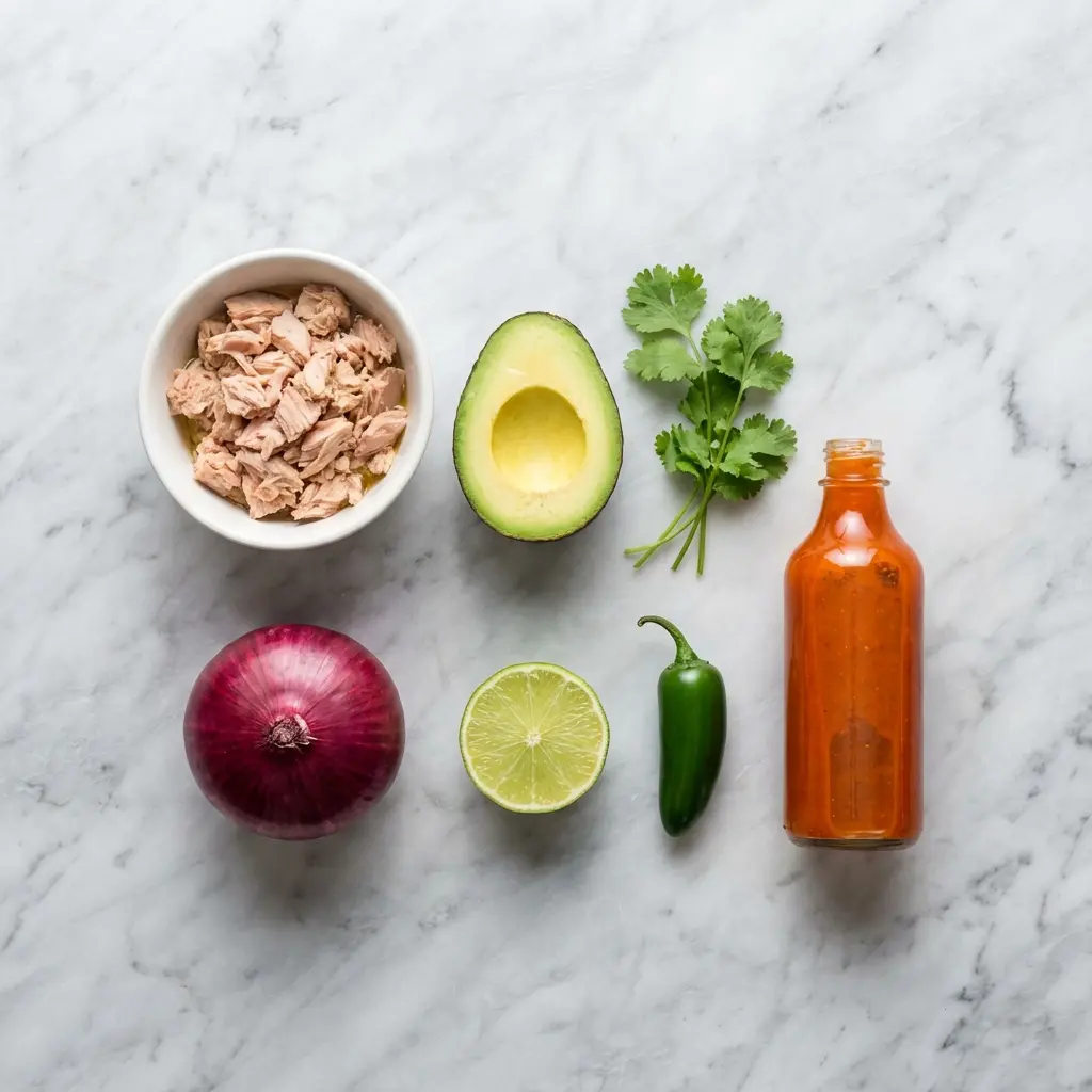 The Ultimate Spicy Tuna Avocado Sandwich (Quick & Easy Recipe) 1 Overhead shot of the ingredients for a spicy tuna avocado sandwich, including tuna, avocado, red onion, and sriracha.