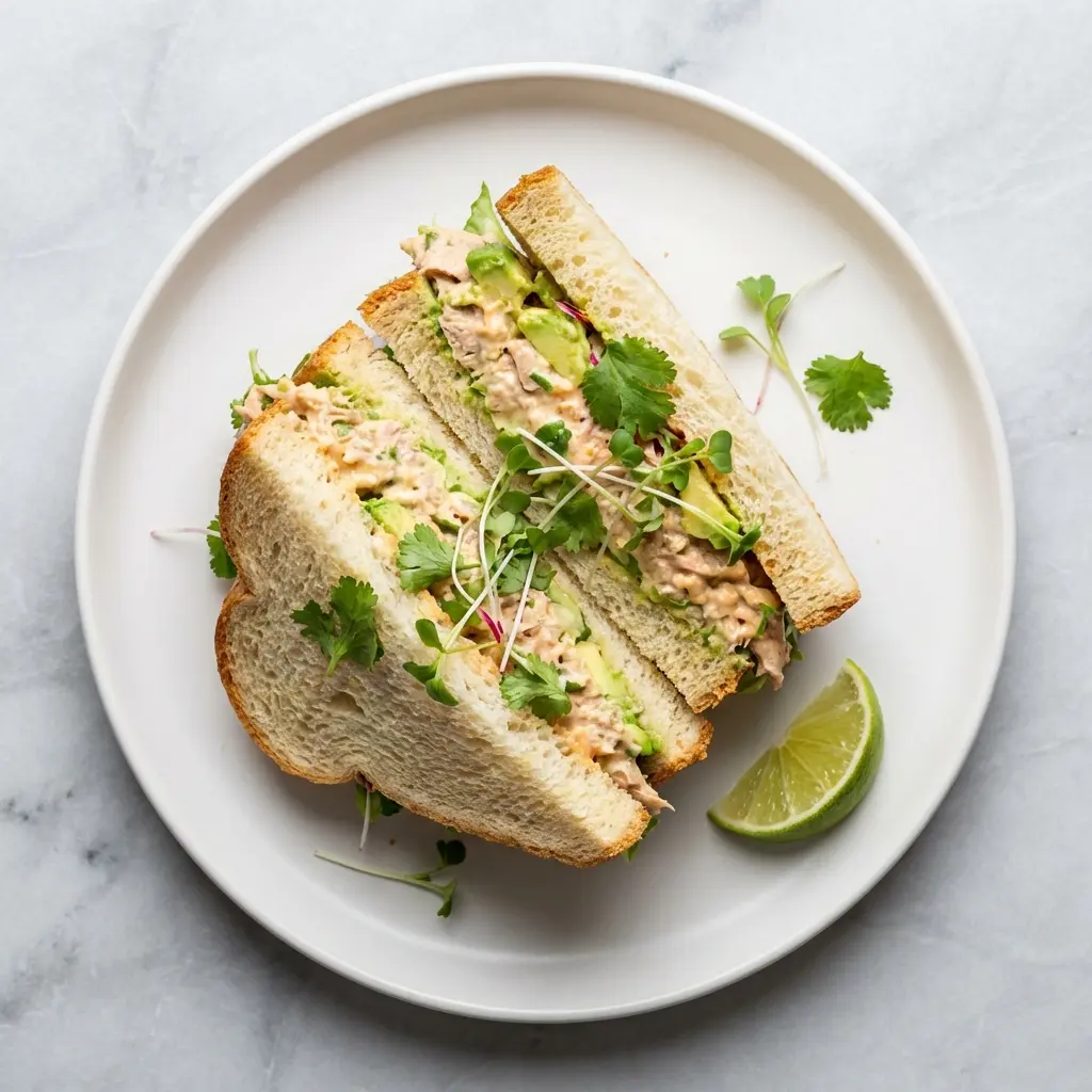 The Ultimate Spicy Tuna Avocado Sandwich (Quick & Easy Recipe) 3 An overhead flat lay photo of a spicy tuna avocado sandwich on a plate.