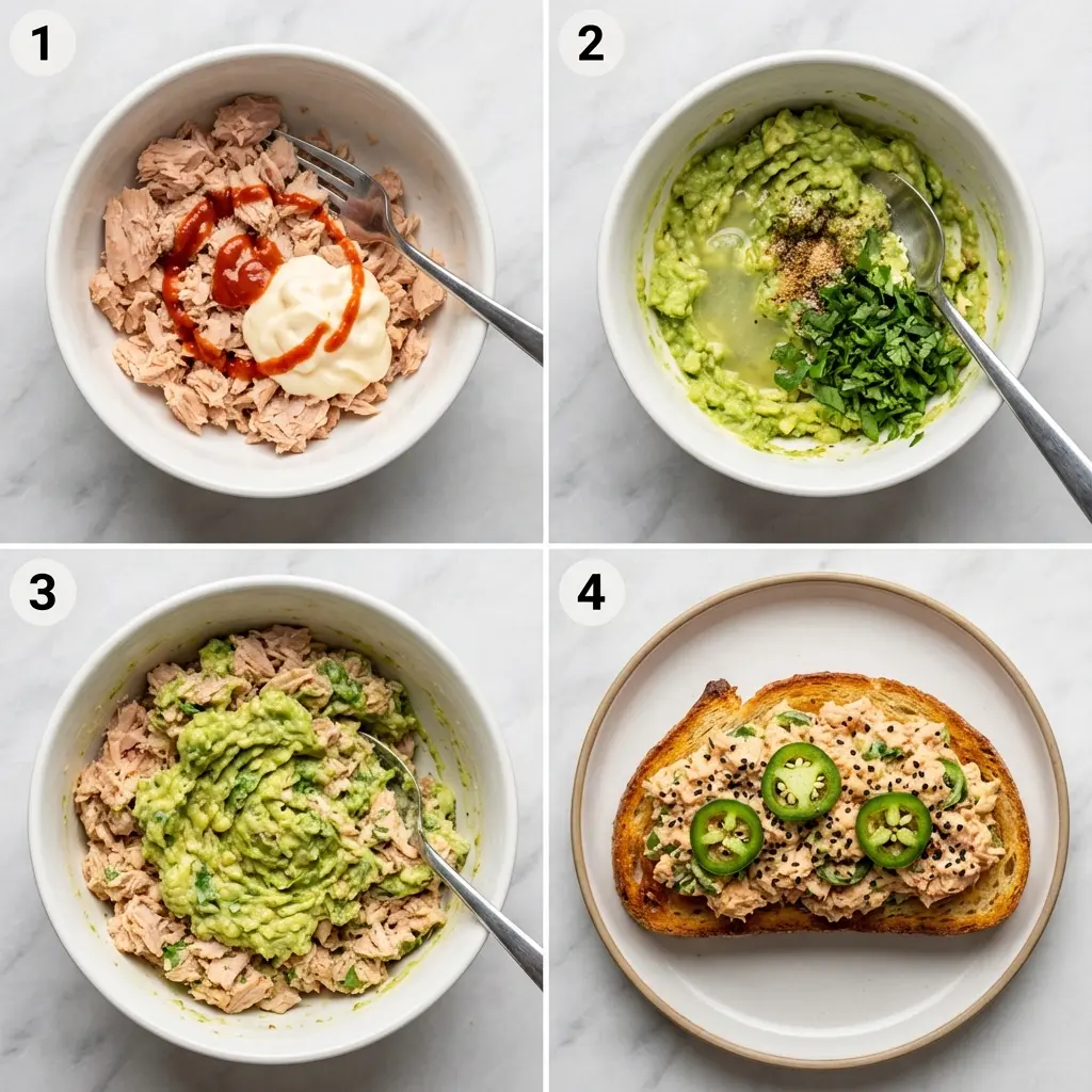 The Ultimate Spicy Tuna Avocado Sandwich (Quick & Easy Recipe) 2 A 4-panel image showing the steps to make a spicy tuna avocado sandwich.
