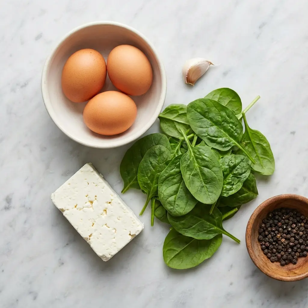 Ingredients for spinach and feta omelette, including eggs, fresh spinach, and feta cheese, laid out on a marble surface.