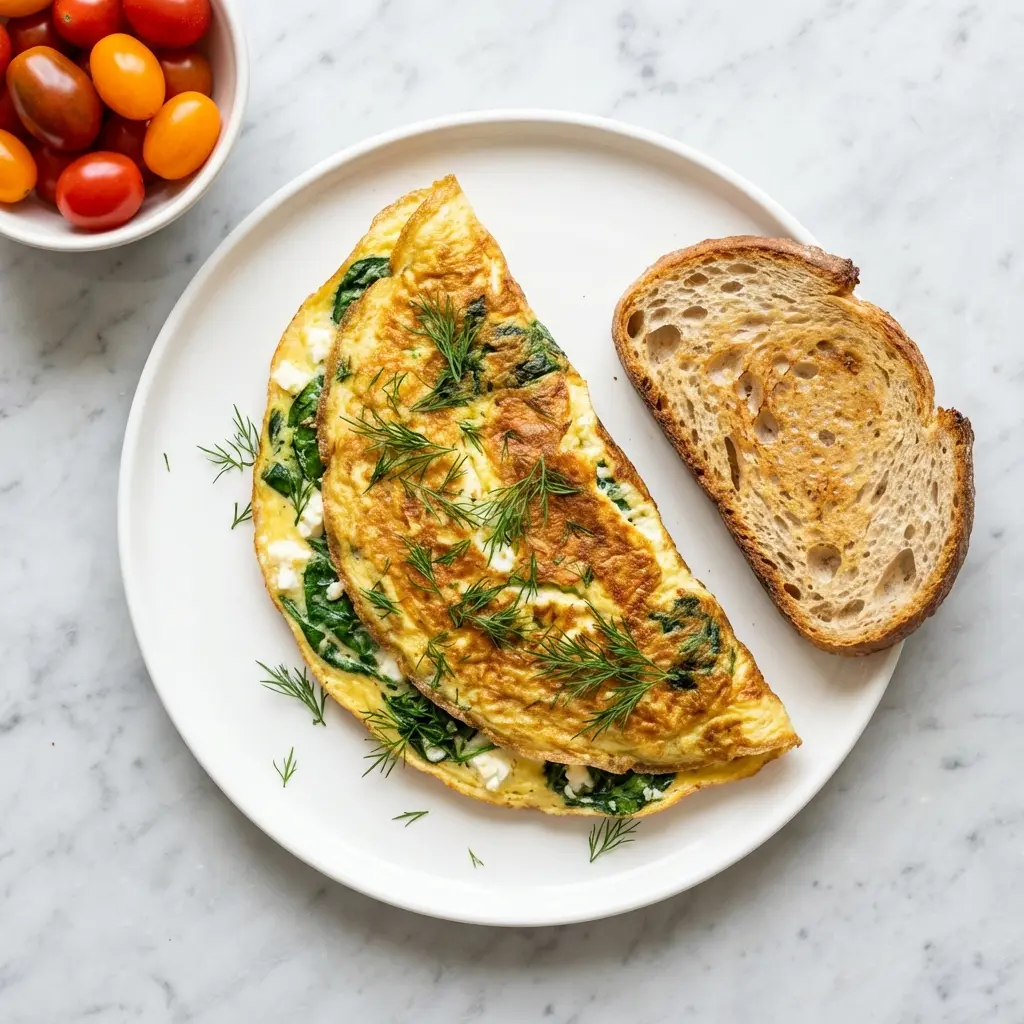 An overhead flat lay photo of a finished spinach and feta omelette served with a side of toast.