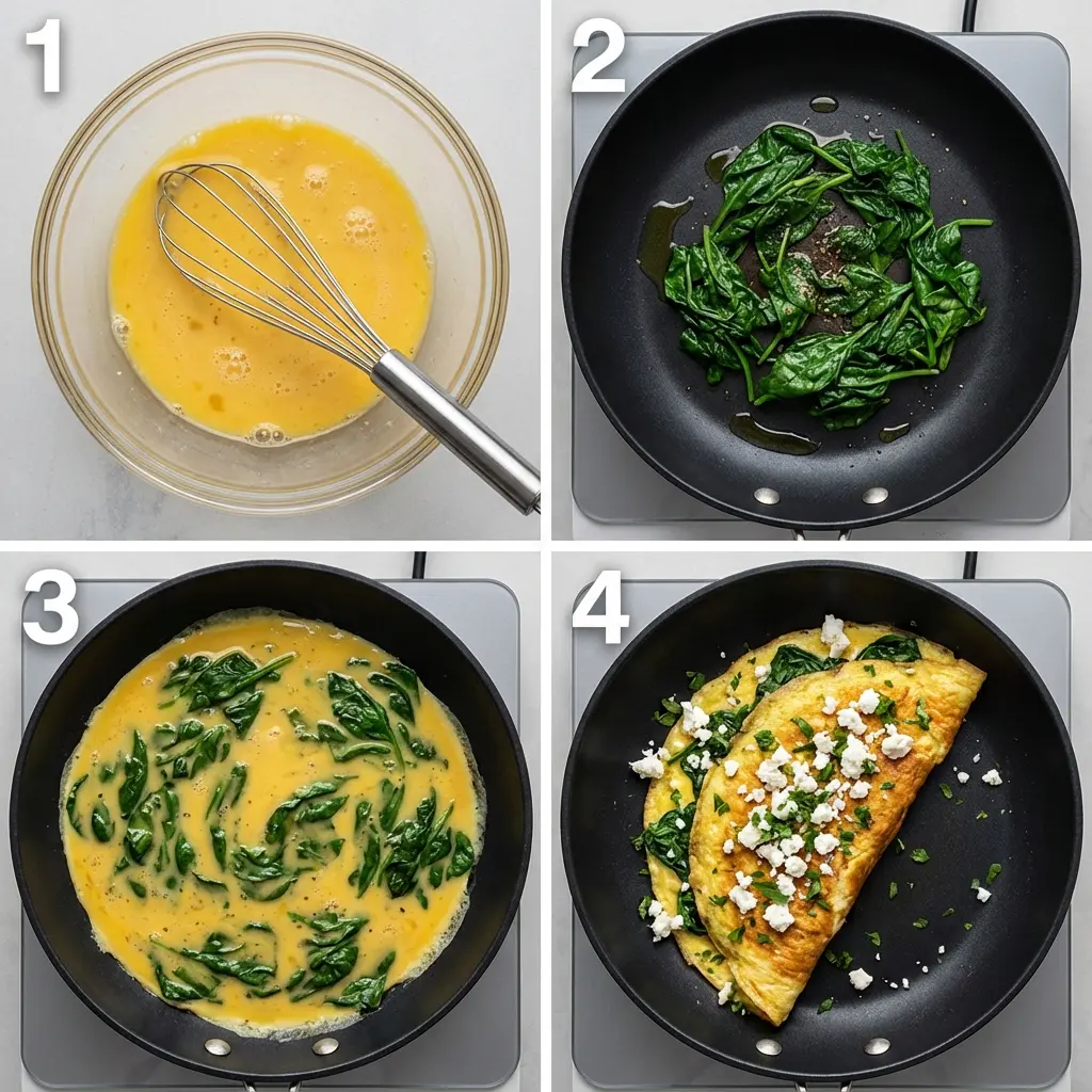 A four-panel image showing the steps to make a spinach and feta omelette, from whisking eggs to folding the final product.