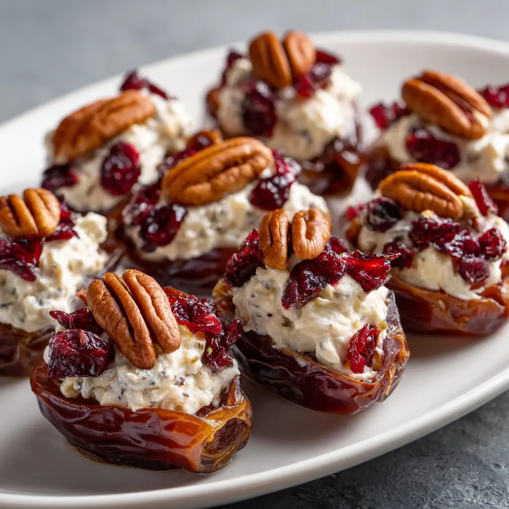 Cranberry Pecan Stuffed Dates: The Perfect Holiday Appetizer 1 A step-by-step image showing Medjool dates being filled with the cranberry pecan cream cheese mixture.