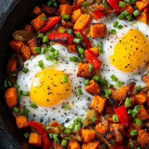 An extreme close-up of sweet potato breakfast hash, showing the caramelized edges of the sweet potato cubes and bits of savory onion.