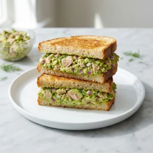 Tuna Avocado Sandwich Without Mayo: The Ultimate Creamy Recipe 4 A close-up of a creamy tuna avocado sandwich without mayo, cut in half to show the filling.