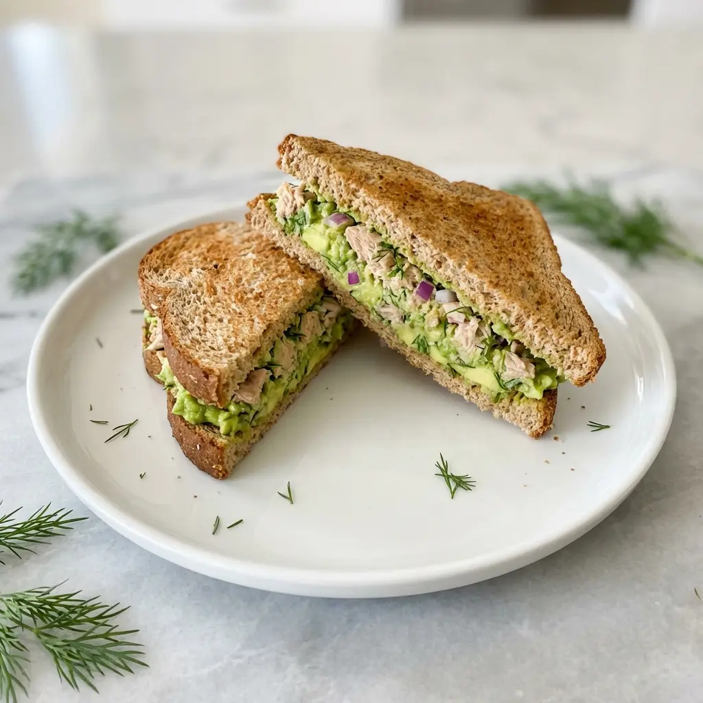 Tuna Avocado Sandwich Without Mayo: The Ultimate Creamy Recipe 3 An overhead shot of a tuna avocado sandwich without mayo on a plate.