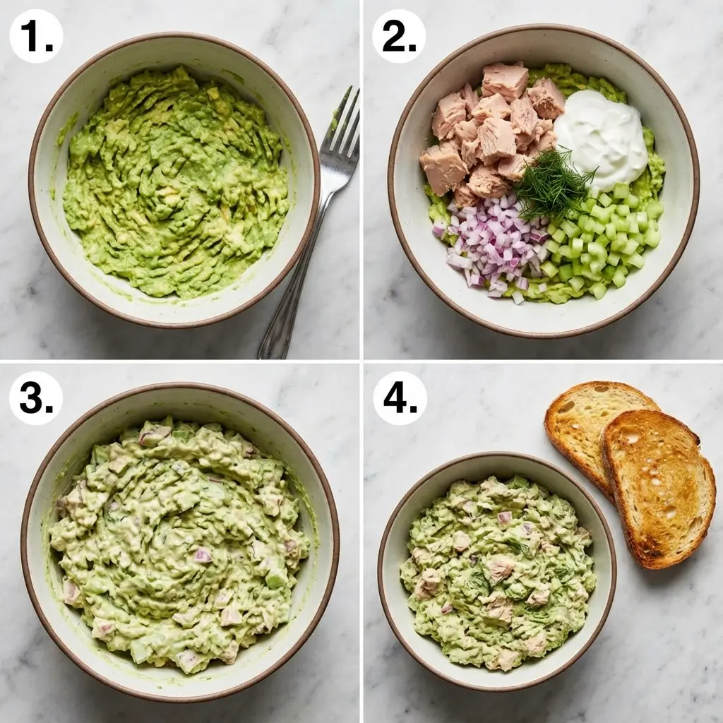 Tuna Avocado Sandwich Without Mayo: The Ultimate Creamy Recipe 2 A four-panel image showing the steps to make tuna avocado salad without mayo.
