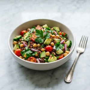 A serving of vegan quinoa chickpea salad in a white bowl, garnished with fresh parsley.