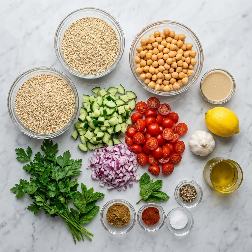 Ingredients for vegan quinoa chickpea salad laid out on a marble surface, including quinoa, chickpeas, and fresh vegetables.