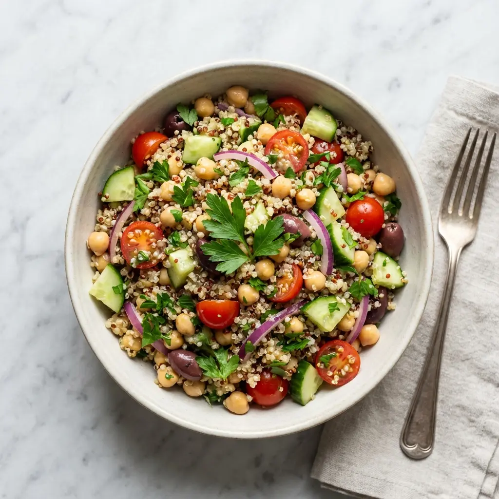 An overhead view of the vegan quinoa chickpea salad in a bowl.