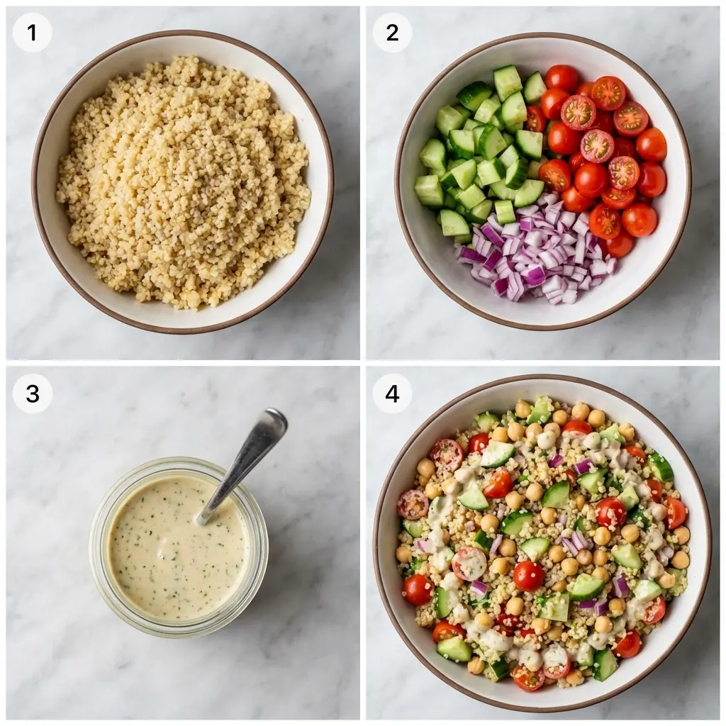 A four-panel image showing the steps to make vegan quinoa chickpea salad: cooking quinoa, chopping vegetables, making dressing, and combining.