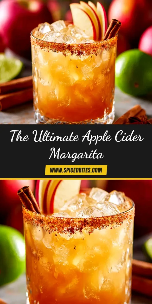 Apple Cider Margarita: The Ultimate Fall Cocktail 3 A festive Apple Cider Margarita in a cinnamon-sugar-rimmed glass, garnished with an apple slice and a cinnamon stick. Perfect fall cocktail for Thanksgiving.