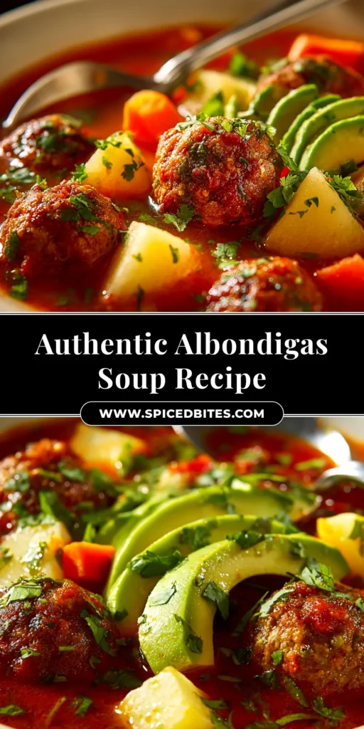 A vibrant bowl of authentic Albondigas Soup, filled with juicy meatballs and hearty vegetables in a rich red broth, garnished with fresh cilantro.