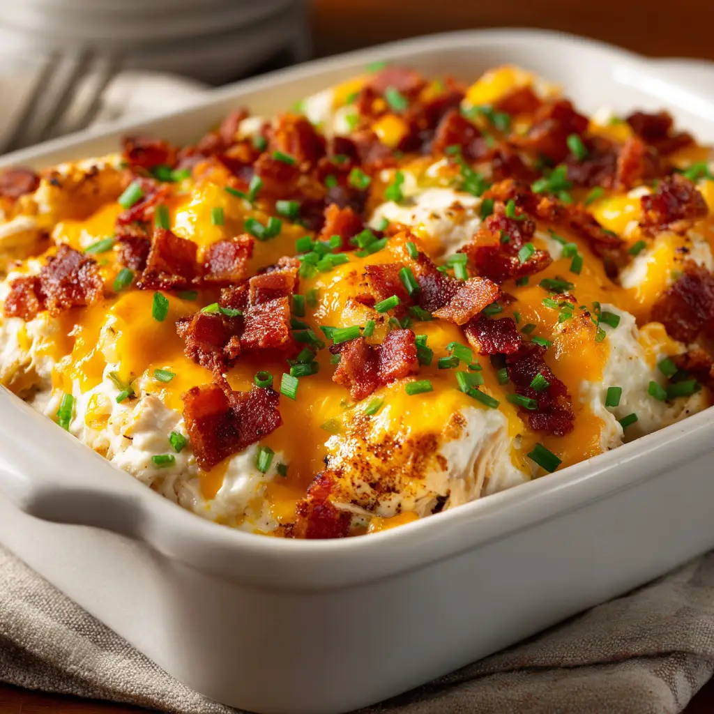 Crack Chicken Casserole (The Ultimate Cheesy Bacon Ranch Bake) 1 The finished Crack Chicken Casserole baked to golden perfection in a casserole dish.
