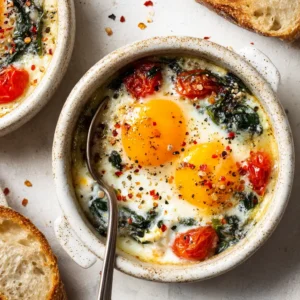 Baked Feta Eggs: The Viral Breakfast You'll Make on Repeat 4 An overhead close-up of baked feta eggs in a rustic baking dish. The feta is golden brown and the egg yolks are perfectly runny, surrounded by burst cherry tomatoes.