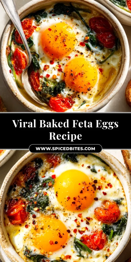 Baked Feta Eggs: The Viral Breakfast You'll Make on Repeat 3 A stunning overhead shot of Baked Feta Eggs in a rustic skillet, with runny yolks, burst cherry tomatoes, and fresh parsley. A piece of crusty bread is dipped into the dish.