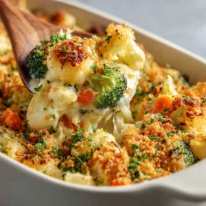 Cheesy Vegetable Casserole (The Ultimate Comfort Dish) 4 A close-up shot of the mixed vegetable casserole with cheese sauce before baking, showing fresh broccoli, cauliflower, and carrots.