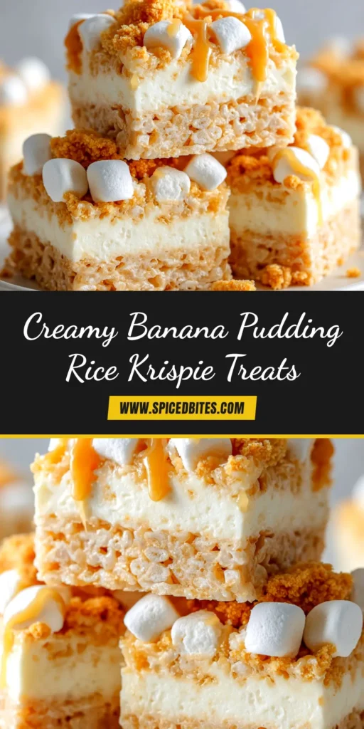 Banana Pudding Rice Krispie Treats: The Ultimate No-Bake Dessert 3 A stack of delicious Banana Pudding Rice Krispie Treats on a plate, drizzled with white chocolate and topped with vanilla wafer crumbs. The ultimate no-bake dessert.