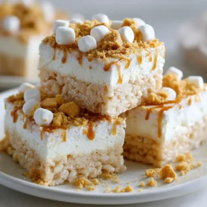 Banana Pudding Rice Krispie Treats: The Ultimate No-Bake Dessert 4 A close-up shot of several banana cream treats cut into squares, showcasing the texture of the crispy rice cereal and crushed Nilla wafers inside.