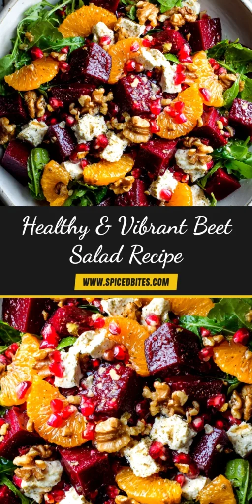 Beet Salad Recipe with Goat Cheese & Balsamic Vinaigrette 3 An overhead shot of a vibrant beet salad recipe with goat cheese, walnuts, and fresh arugula in a white bowl. This healthy roasted beet salad is perfect for a delicious side dish.