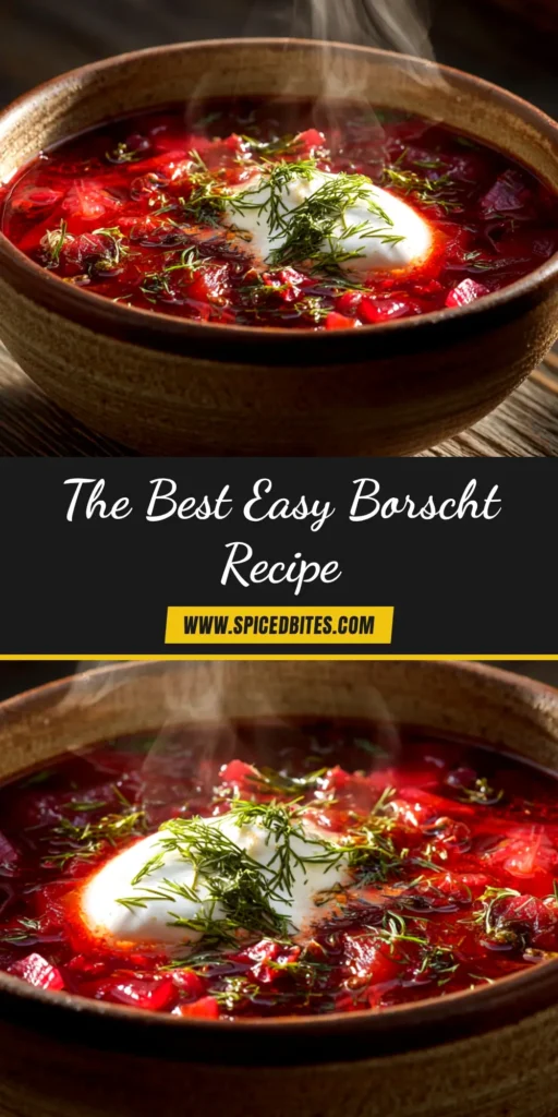 Borscht Recipe (Classic Ukrainian Beet Soup) 3 A beautiful bowl of authentic Borscht Recipe, a vibrant red Ukrainian beet soup, garnished with a swirl of sour cream and fresh dill, ready to be eaten.