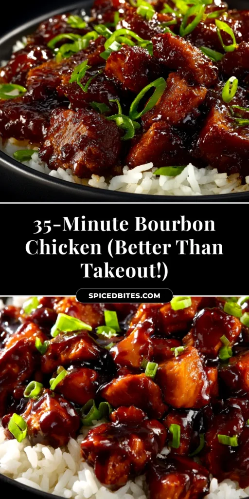 A close-up shot of a bowl of delicious Bourbon Chicken Recipe, glistening with a sweet and savory sauce, garnished with green onions and sesame seeds, served over rice.
