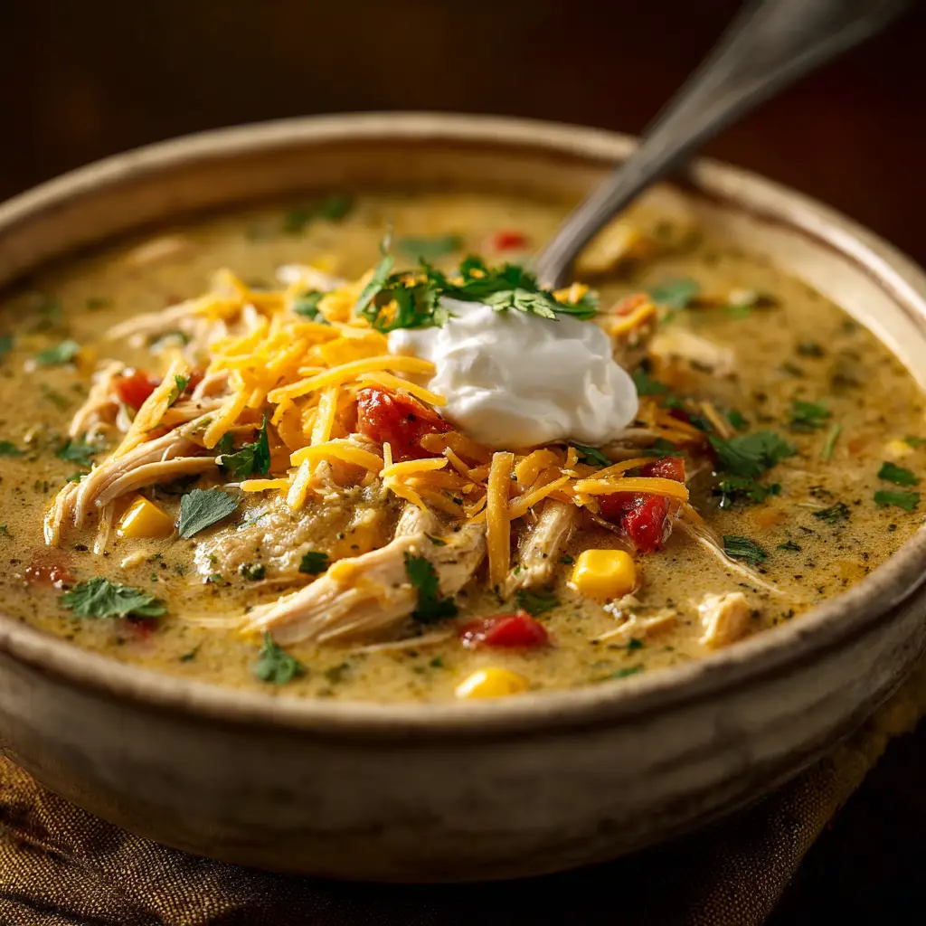 Green Enchilada Chicken Soup: The Ultimate 30-Minute Comfort Meal 1 A beautiful bowl of green enchilada chicken soup from the side, topped with cotija cheese and fresh avocado slices.