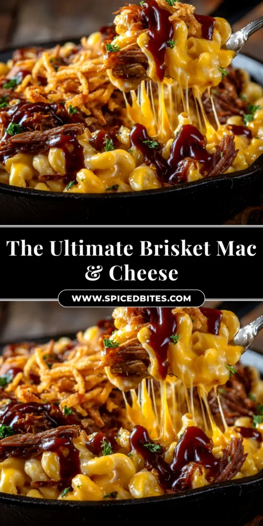 Brisket Mac and Cheese: The Ultimate Comfort Food Mashup 4 A close-up overhead shot of creamy brisket mac and cheese in a cast-iron skillet, topped with fresh parsley.