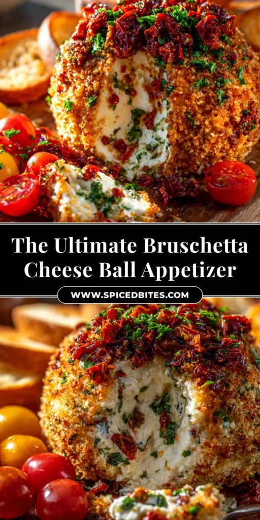 Bruschetta Cheese Ball: The Ultimate Party Appetizer 3 An irresistible Bruschetta Cheese Ball coated with fresh herbs and pine nuts, served on a platter with assorted crackers. The perfect make-ahead party appetizer.