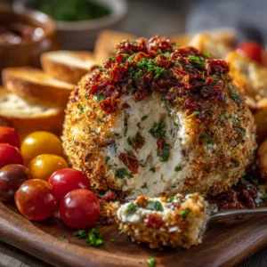 Bruschetta Cheese Ball: The Ultimate Party Appetizer 4 A close-up shot of the creamy texture inside the tomato basil cheese ball, showing chunks of sun-dried tomato and herbs.