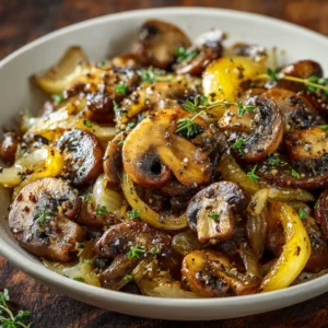 A close-up shot of caramelized onions and mushrooms sizzling in a pan, showcasing their rich, brown color.
