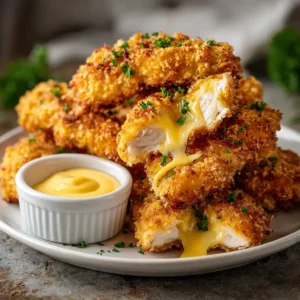 A close-up shot of several baked crack chicken tenders on a white plate, showing the crispy panko breading and savory bacon ranch topping.