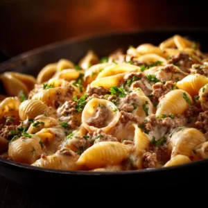 Creamy Beef and Shells: The Ultimate One-Pot Comfort Food 4 An extreme close-up of cheesy beef pasta in a skillet, showing the rich, savory sauce clinging to each shell.