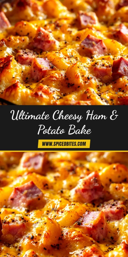 A delicious and creamy Cheesy Ham and Potato Casserole in a white baking dish, ready to be served. The top is golden brown and bubbly, perfect for a comfort food dinner idea.