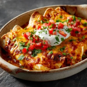 Breakfast Enchiladas: Your New Favorite Make-Ahead Meal 3 A rustic baking dish filled with savory breakfast enchiladas, topped with melted cheese and red enchilada sauce.