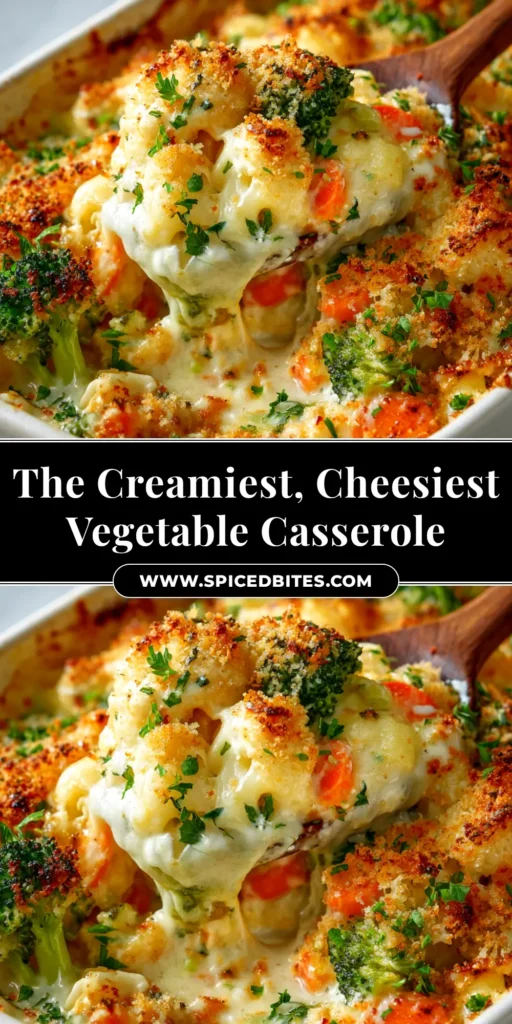 Cheesy Vegetable Casserole (The Ultimate Comfort Dish) 3 A delicious and creamy Cheesy Vegetable Casserole in a white baking dish, fresh out of the oven with a golden brown topping.