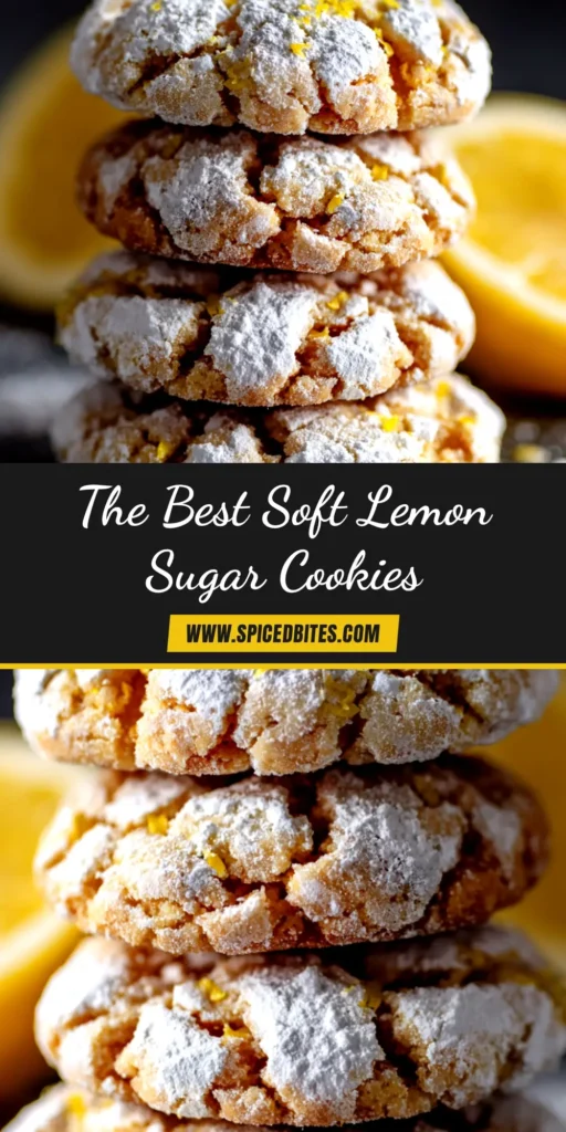 Lemon Sugar Cookies: The Ultimate Chewy & Zesty Recipe 4 A plate of chewy lemon sugar cookies with a crinkle top, dusted with powdered sugar. One cookie has a bite taken out, showing the soft center.