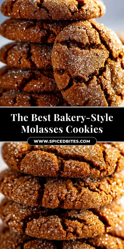 Chewy Molasses Cookies: The Ultimate Guide to Soft, Spiced Perfection 3 A stack of perfectly chewy molasses cookies on a wooden board, with one cookie broken in half to show the soft, moist center. The cookies are coated in sparkling sugar.