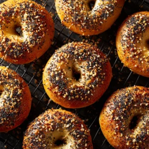 Sourdough Discard Bagels: The Easiest Recipe for a Chewy Crust 3 An overhead view of chewy sourdough bagels cooling on a wire rack after baking.