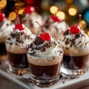 A close-up of several chocolate Baileys pudding shots in glass dessert cups, topped with a perfect swirl of whipped cream and chocolate sprinkles.