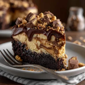 Reese's Peanut Butter Earthquake Cake: The Ultimate Indulgent Dessert 4 The full Reese's Peanut Butter Earthquake Cake in a 9x13 pan, drizzled with chocolate syrup and topped with peanut butter cups.