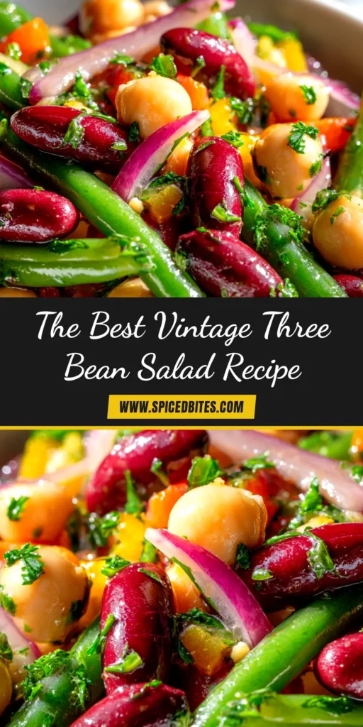 Three Bean Salad Recipe (Classic & Easy) 3 A close-up overhead shot of a classic Three Bean Salad Recipe in a white serving bowl. The vibrant mix of green beans, wax beans, and kidney beans with sliced red onion is coated in a tangy vinaigrette, ready for a potluck.