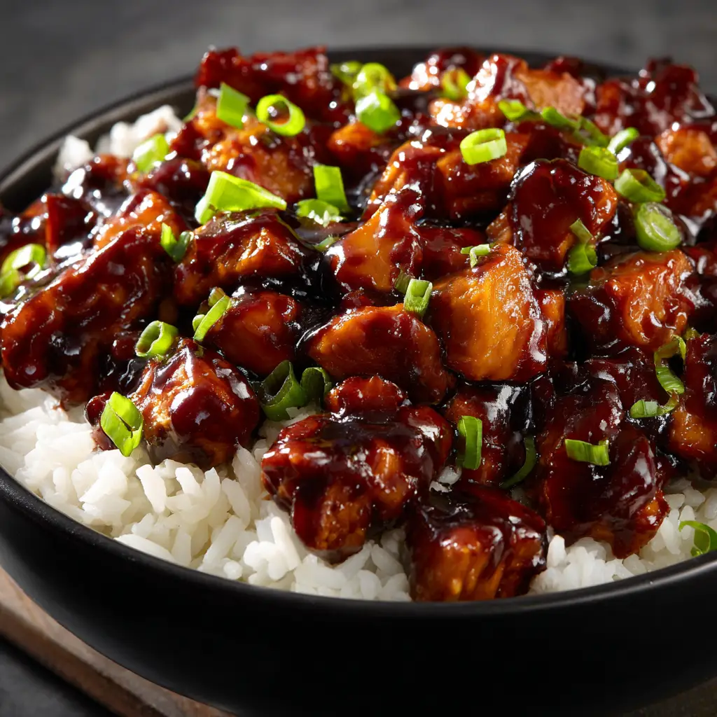 A skillet full of the homemade bourbon chicken recipe, with pieces of chicken being tossed in the bubbling sauce.